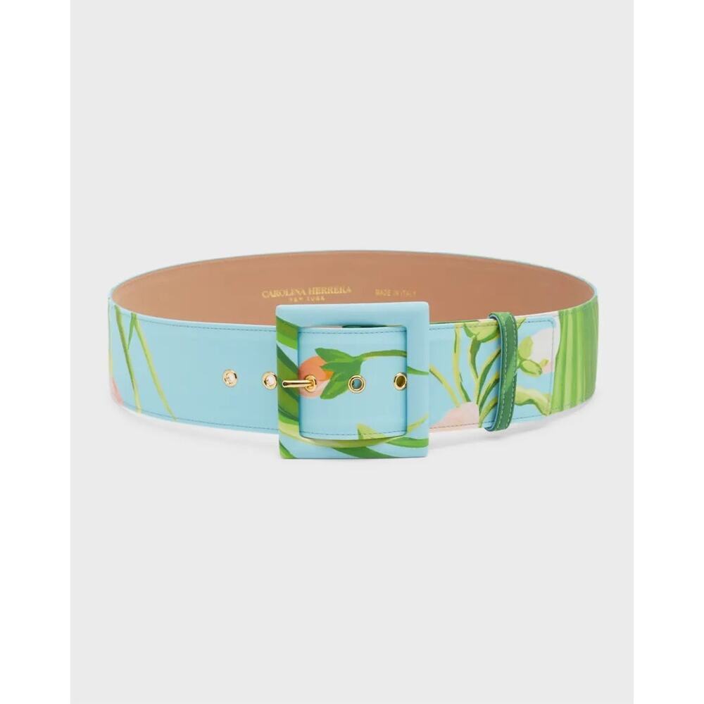 Carolina Herrera Floral Square-Buckle Icon Wide Belt Sky Blue Leather L NEW